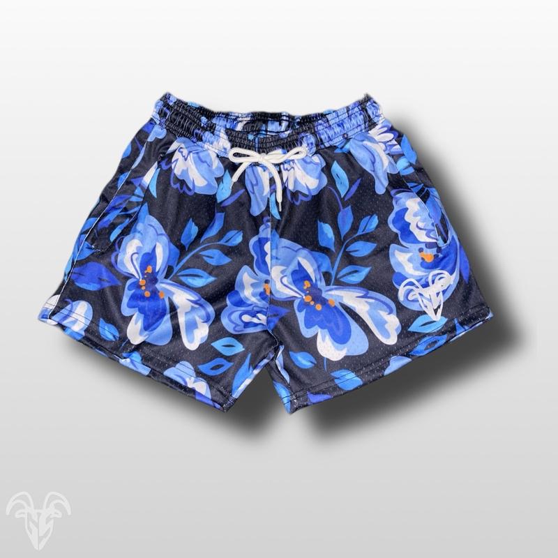 Goat Strength - 5 inch inseam shorts - Men’s flower design shorts - Blue flower shorts - Unisex flower shorts - Gym shorts - Athletic mesh shorts Fitness Zipper Pockets Workout Breathable Casual Stylish  Underwear Print Menswear Tropical Outfit Fabric out