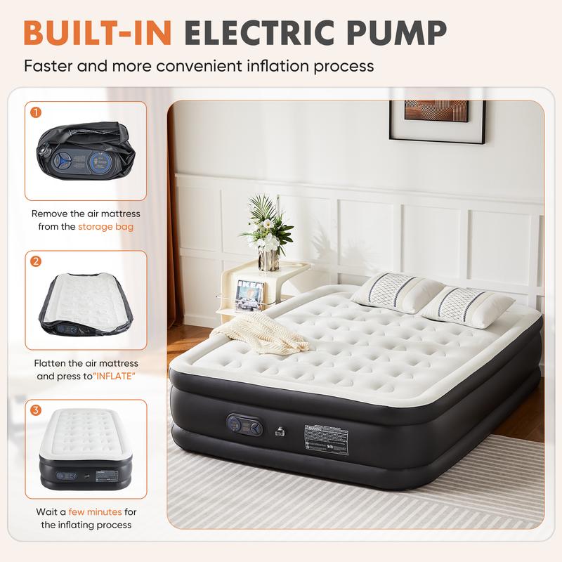 Sweet Furniture Air Mattress - Inflatable Blow Up Mattress Airbed with Built-in High Capacity Pump, Double Height, Adjustable, Non-Slip Bottom Design, Portable for Home or Camping