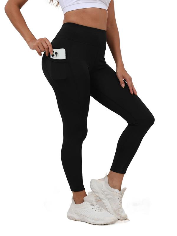 Women's Solid High Waist Pocket Sports Leggings, Casual Comfy Breathable Skinny Pants for Yoga Gym Workout Running, Ladies Sportswear for Fall & Winter