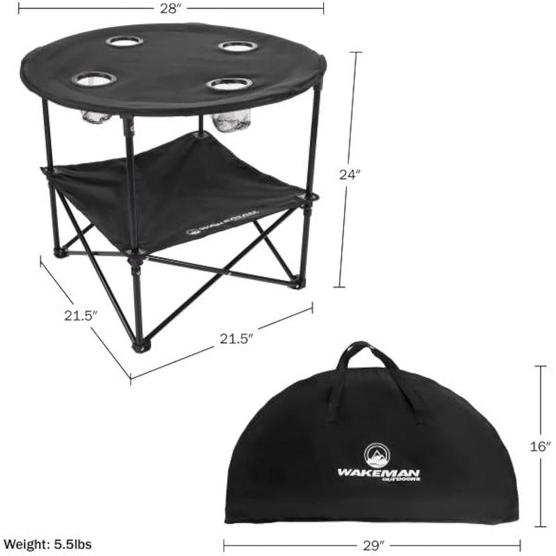 Camping Table - 2-Tier Folding Table with 4 Cupholders and Carry Bag for Picnic, Tailgate, Beach, or Camp - Camping Gear Outdoors (Black)