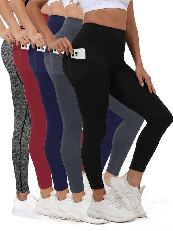 Women's Solid High Waist Pocket Sports Leggings, Casual Comfy Breathable Skinny Pants for Yoga Gym Workout Running, Ladies Sportswear for Fall & Winter