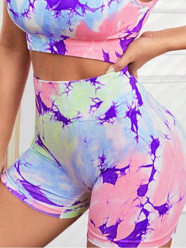 Women's Tie Dye Print Asymmetrical Neck Wireless Sports Bra & High Waist Skinny Shorts Tracksuit Set, Backless Sports Bra & High Stretch Shorts, Workout Gym Yoga Exercise Clothing Set for Women