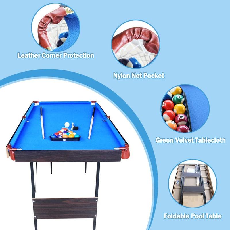 55' Billard Table, Stable Pool Table Foldable Pool Game Table Billard Snooker Sets for Adult Teenagers Kids with Cues, Triangle,