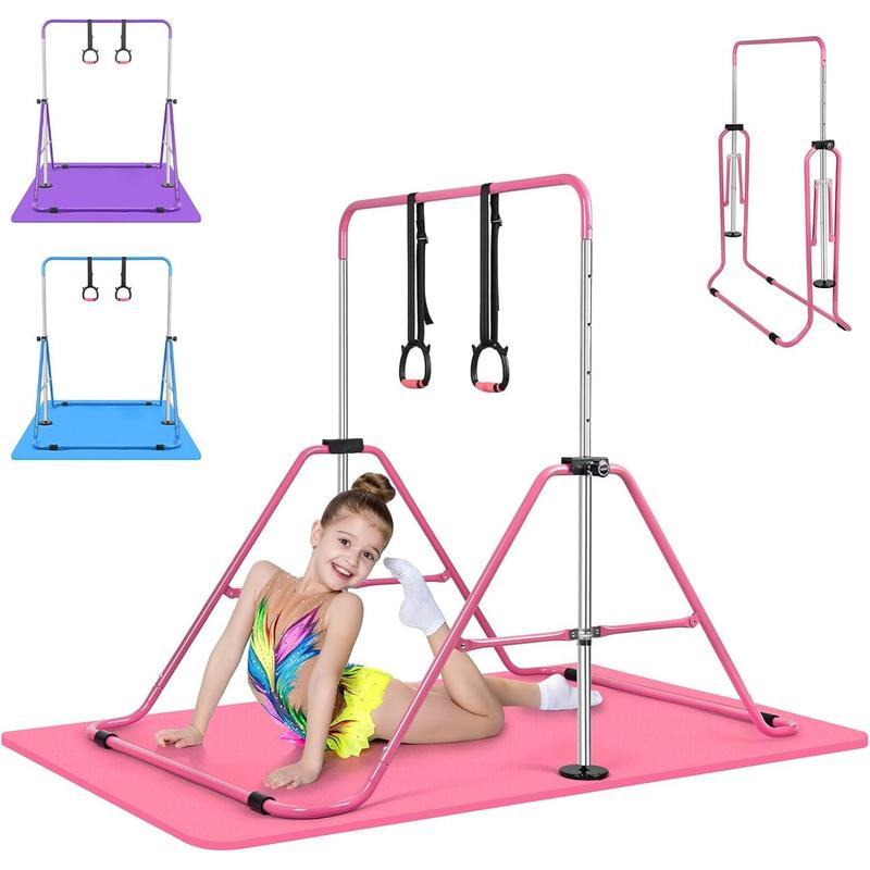 Adjustable Height Gymnastics Horizontal Bars with Rings, Expandable and Portable Folding Monkey Bars for Young Athletes