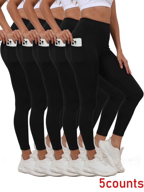 Women's Solid High Waist Pocket Sports Leggings, Casual Comfy Breathable Skinny Pants for Yoga Gym Workout Running, Ladies Sportswear for Fall & Winter