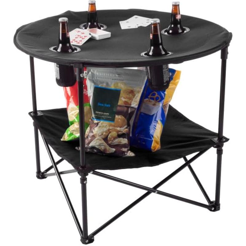 Camping Table - 2-Tier Folding Table with 4 Cupholders and Carry Bag for Picnic, Tailgate, Beach, or Camp - Camping Gear Outdoors (Black)