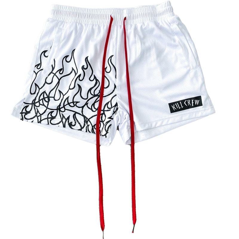 [Kill Crew] Muay Thai Shorts Flame - White   Black, Unisex, Mid Thigh Cut, Pockets, Gym Shorts, Elastic Waistband, Long drawcord with wax tips