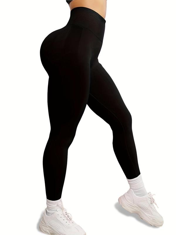 Women's Solid Ruched High Waist Sports Leggings, Sporty Comfy Breathable Skinny Tummy Control Pants for Yoga Gym Workout, Ladies Sportswear for All Seasons