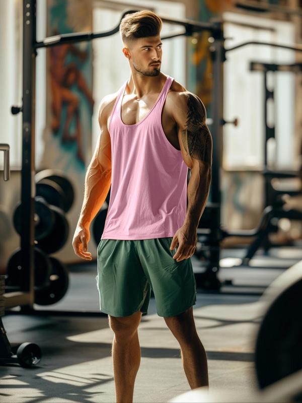 LGBTQ+ Men's Summer Clothes, Solid Racer Back Sports Tank Top, LGBTQ+ Breathable Top for Gym Workout Running, Men Sport & Outdoor Clothing for Summer