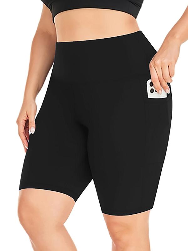  Solid Pocket Sports Shorts, High Stretch Yoga Shorts, Ladies Sportswear for Indoor Outdoor Wear