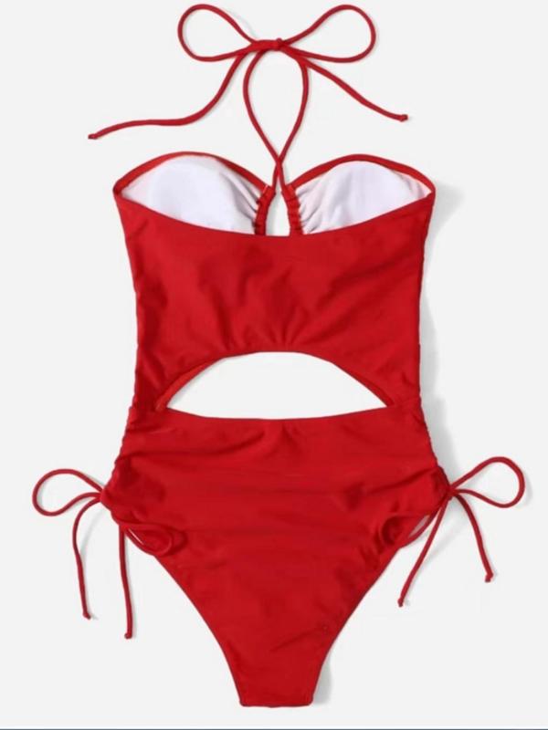 Women's Sexy Plain Cut Out Drawstring Knot Design Swimsuit, Summer Clothes Women, Solid Halter Neck Backless One-piece Swimwear, Ladies Summer Beach Vacation Bathing Suits 2024, Back-to-School Clothing, Tummy Control Swimwear