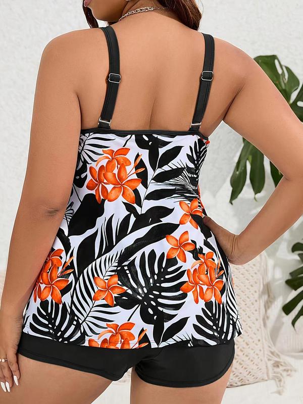 Two-Piece Set Floral Print Cami Top & Elastic Waist Shorts Tankini Set, Casual Cut Out Adjustable Strap Backless Top & Skinny Shorts Two-piece Swimsuit for Summer, Women's Swimwear for Beach Holiday Vacation, Swimwear