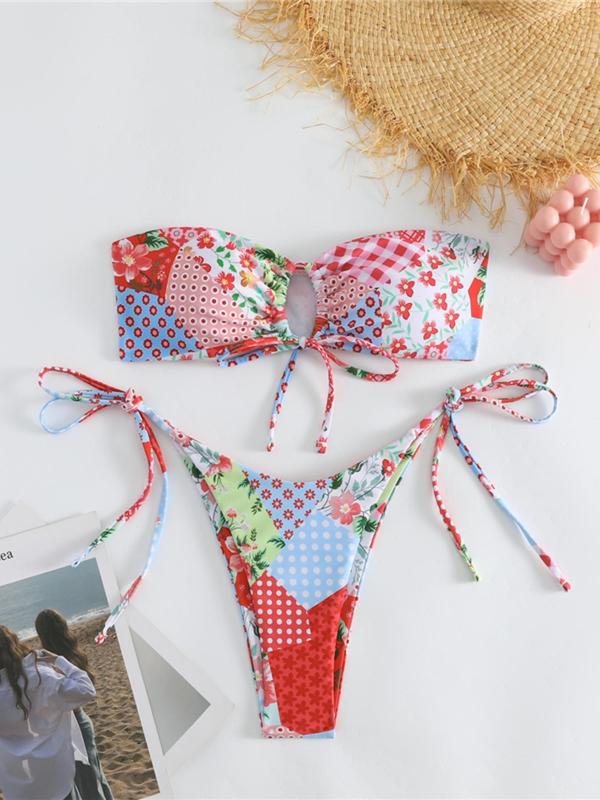 Women's Patchwork Print Bandeau Bikinis Set, Casual Ruched Tie Front Swim Top & Tie Side Swim Bottom, Summer Beach Holiday Vacation Swimwear Set for Women