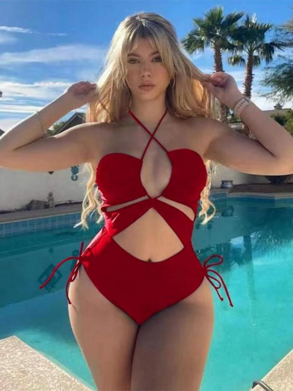 Women's Sexy Plain Cut Out Drawstring Knot Design Swimsuit, Summer Clothes Women, Solid Halter Neck Backless One-piece Swimwear, Ladies Summer Beach Vacation Bathing Suits 2024, Back-to-School Clothing, Tummy Control Swimwear